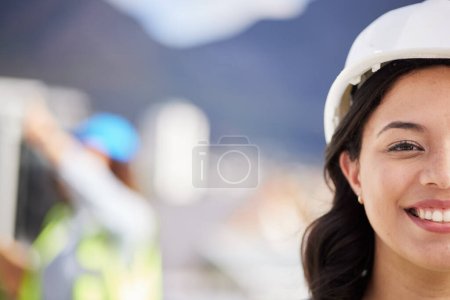 Photo for Woman, engineering portrait and city construction site, project development and infrastructure design. Happy face of architecture person, contractor or industrial worker in helmet and outdoor mockup. - Royalty Free Image