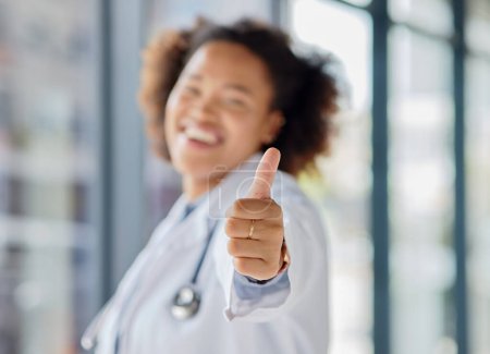 Photo for Thumbs up, hands of woman and doctor with success, support and trust in medical clinic. Closeup, healthcare worker and thumb sign to celebrate agreement, yes emoji and thank you of review in hospital. - Royalty Free Image