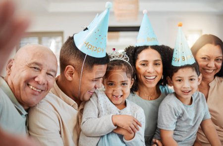 Photo for Birthday selfie, big family or happy kids with grandparents taking pictures in living room in house. Portrait of faces, mother or father with smile or senior people taking photo at party at home. - Royalty Free Image
