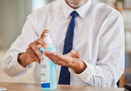 Photo for Hands, bottle and sanitizer for business man, cleaning and stop virus for health, wellness or hygiene in office. Professional person, entrepreneur or employee with product, gel or liquid for bacteria. - Royalty Free Image