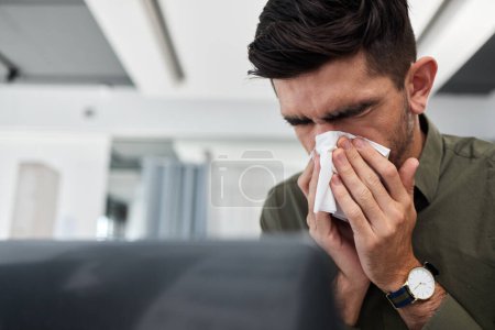 Photo for Business man, blowing nose and tissue in office with flu, mucus or allergies for healthcare problem. Sick entrepreneur, toilet paper and cleaning for wellness, workplace and virus with cold bacteria. - Royalty Free Image