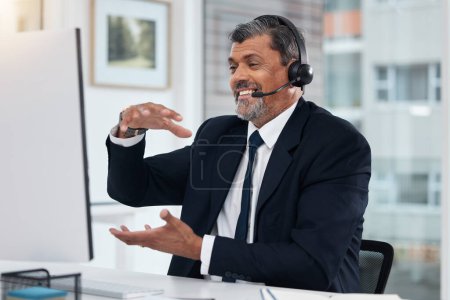 Photo for Video call, customer service and mature man on computer for communication in callcenter. Smile, webinar and professional, sales agent or consultant in virtual meeting, telemarketing or online chat. - Royalty Free Image