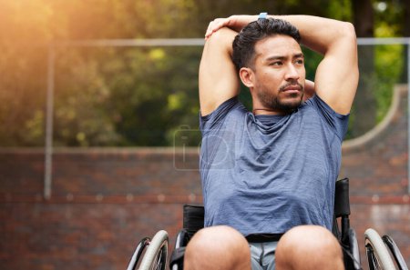 Photo for Fitness, stretching and wheelchair user with man on basketball court for training, challenge and competition. Sports, health and warm up with person with a disability for workout, game and start. - Royalty Free Image