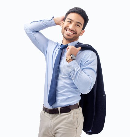 Photo for Thinking, happy and a businessman on a white background for work, corporate fashion and idea. Smile, vision and an Asian employee with stylish clothes isolated on a studio backdrop for a professional. - Royalty Free Image