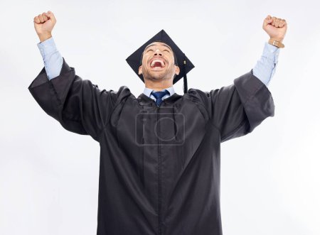 Photo for Graduation, success and man in celebration of an achievement of diploma isolated in a studio white background. Winning, excited and student from a university or college happy for a certificate. - Royalty Free Image