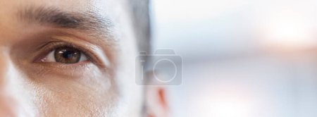 Photo for Closeup eye, portrait and a man with mockup for vision, healthcare and banner of contact lens. Focus, space and face of an optometry patient advertising health and wellness of eyesight with bokeh. - Royalty Free Image