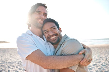 Photo for Love, happiness and gay couple on beach, hug and laugh on summer vacation together in Thailand. Sunshine, ocean and smile, lgbt couple embrace in nature for fun holiday with pride, sea and sand - Royalty Free Image