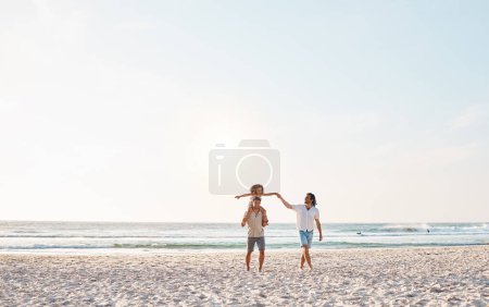 Photo for Beach, LGBTQ and walking child, happy family and fathers enjoy fun summer time, ocean vacation and nature freedom. Love, mockup sky and homosexual couple bonding with adoption kid on shoulders of dad. - Royalty Free Image