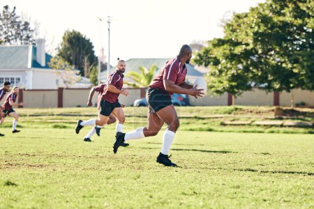 Photo for Rugby, sports and fitness with a team on a field together for a game or match in preparation of a competition. Training, health and teamwork with a group of men outdoor on grass for club practice. - Royalty Free Image