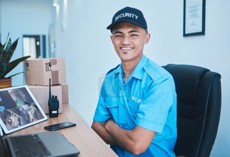 Photo for Security guard man, portrait and smile to monitor with laptop, tablet and arms crossed in control room. Young safety officer, surveillance expert and happy for job, protection service and computer. - Royalty Free Image