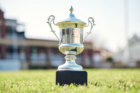 Photo for Trophy on grass, champion and award with fitness outdoor, competition and game with mockup space. Prize on pitch, reward and tournament cup with goals, stadium and sports ground field with winner. - Royalty Free Image