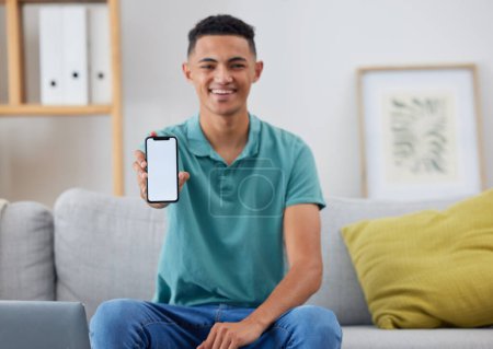 Photo for Phone screen, mockup and smile with portrait of man for networking, social media and space. Internet, show and mobile app with person in living room of home for ui, communication and website offer. - Royalty Free Image