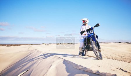 Photo for Desert sky, motorcycle or extreme sports person looking at outdoor view, Dubai nature or off road sand dunes. Mockup, freedom or athlete driver, racer or expert rider ready for bike cycling challenge. - Royalty Free Image