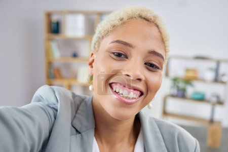 Photo for Business woman, portrait and face of selfie in office for vlog, social media post and about us. Happy female worker smile to update profile picture, memory or content creation for company internship. - Royalty Free Image