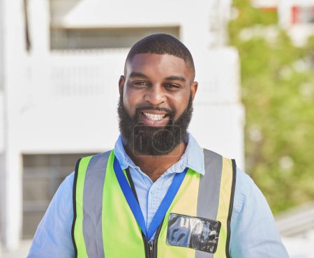 Photo for Black man, portrait and construction worker, maintenance and engineering with smile and architecture outdoor. African male person, renovation and contractor with urban infrastructure and handyman. - Royalty Free Image
