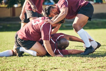 Photo for Rugby, sports and training with a team on a field together for a game or match in preparation of a competition. Fitness, health and teamwork with a group of men outdoor on grass for club practice. - Royalty Free Image