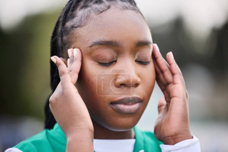 Photo for Sports, headache and face of black woman outdoor with stress, anxiety or burnout on blurred background. Training, migraine and African lady athlete with temple massage for vertigo, brain fog or ache. - Royalty Free Image