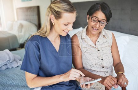 Photo for Happy woman, nurse and phone in elderly care for consultation, support or healthcare diagnosis at home. Female person, caregiver or medical professional on mobile smartphone to help senior patient. - Royalty Free Image