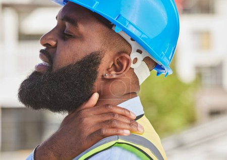 Photo for Black man, architect or hand on neck pain, injury accident or muscle tension on city rooftop. Hurt engineer, stress or injured contractor with sore ache or joint inflammation at construction site. - Royalty Free Image