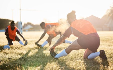 Photo for Rugby, team and people stretching at training for match or competition in the morning doing warm up exercise on grass. Wellness, teamwork and group of players workout together in professional sports. - Royalty Free Image