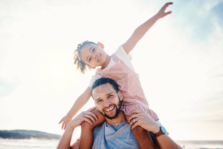 Photo for Portrait, father and piggyback girl at beach on summer holiday, family vacation or travel together in Colombia. Happy dad, kid and playing airplane games at sea on mockup sky for freedom in sunshine. - Royalty Free Image