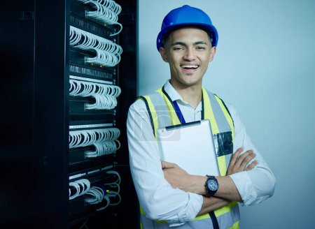 Photo for Engineering, portrait and man with tablet in server room for network maintenance, programming code or electrical cables. Happy IT technician with digital technology in data center for database backup. - Royalty Free Image