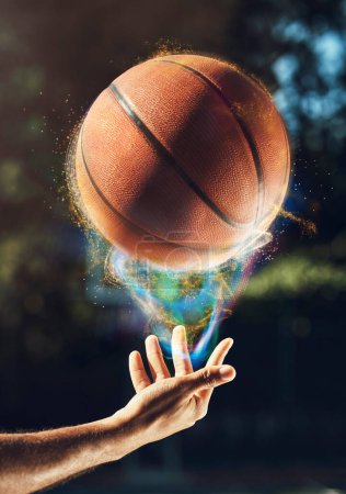 Photo for Person, hands and basketball in nature for sports game, match or art on the outdoor court. Man or player with ball and color ready for fitness, playing or athletic practice in championship tournament. - Royalty Free Image