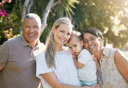 Photo for Portrait of baby, mom or grandparents in park for bonding with love, support or care in retirement. Grandfather, child or face of mature grandma with smile on a happy family holiday vacation to relax. - Royalty Free Image