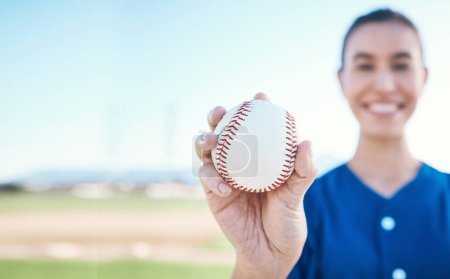 Photo for Hand, ball and baseball with a woman on mockup for sports competition or fitness outdoor during summer. Exercise, training and softball with a sporty female athlete on a pitch for playing a game. - Royalty Free Image