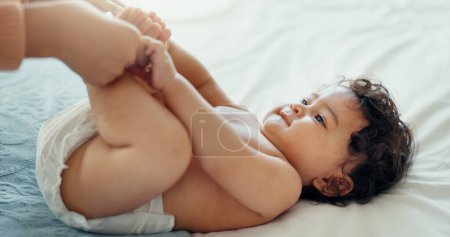 Photo for Relax, love and mother with baby on bed for playful, happy and free time. Happiness, care and health with woman and newborn infant in bedroom for family home for support, excited and youth. - Royalty Free Image