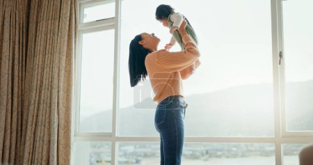 Photo for Love, happy and mother with baby in bedroom for playful, relax and free time. Happiness, smile and health with woman and newborn infant in family home apartment for support, excited and youth. - Royalty Free Image