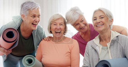 Téléchargez les photos : Yoga, classe et visage des personnes âgées heureuses pour l'exercice de la retraite, l'adhésion au club et le bien-être communautaire. Amis Pilates, portrait de groupe et femmes âgées au studio d'entraînement, de fitness et d'entraînement. - en image libre de droit