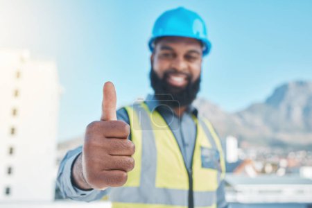 Photo for Man, engineering portrait and thumbs up for city development, construction goals and like, yes or support sign. Architecture person, worker or contractor success, safety gear and ok or good job emoji. - Royalty Free Image