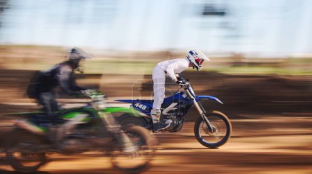 Photo for Race, motorcycle and sports, men in speed for practice, training and fast action adventure. Professional dirt road biking, motion and biker in motorbike competition, performance and outdoor challenge. - Royalty Free Image