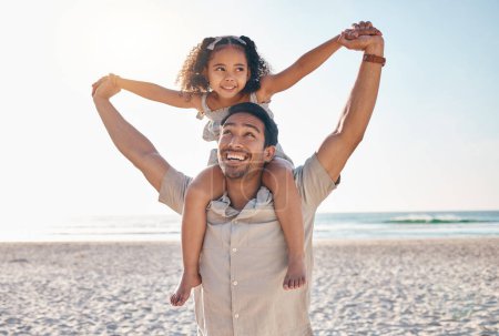Photo for Airplane, love and father with girl at beach for travel, freedom or happy family vacation in summer with fun. Flying, care and man parent with kid at sea for piggyback, games or traveling in Cancun. - Royalty Free Image