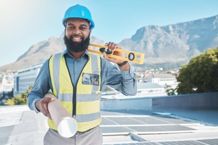 Photo for Man, portrait and architecture blueprint for solar energy, construction and project management in Cape Town. Happy african builder, civil engineering and tools with floor plan of photovoltaic grid. - Royalty Free Image