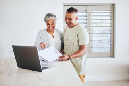 Photo for Happy couple, senior and documents on laptop for new home, investment or finance together. Elderly man and woman smile in happiness on computer for financial house insurance, real estate or mortgage. - Royalty Free Image