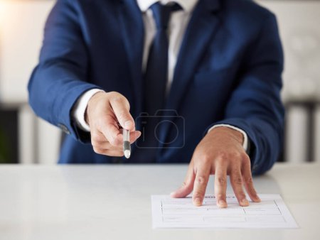 Photo for Insurance, offer and documents with hands of lawyer for signature, contract and review. Advisor, attorney and advocate with closeup of business man in office for legal paperwork, deal and information. - Royalty Free Image