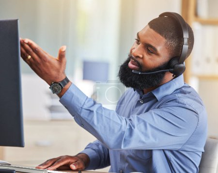 Photo for Call center, customer support and frustrated black man on computer for network error, mistake and problem. Telemarketing, business and male consultant online for communication, crm help and contact. - Royalty Free Image