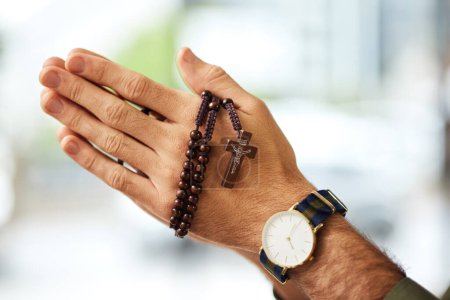 Photo for Christian man, rosary and hands praying for spiritual faith, holy gospel or worship God at church. Closeup, prayer beads and cross for support of religion, culture and praise of jesus, heaven or hope. - Royalty Free Image