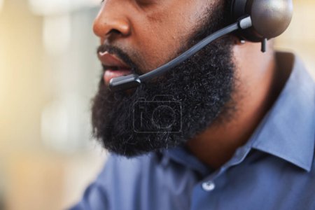 Photo for Business man, mouth and call center, consultant or advisor talking, virtual communication or technical support. Insurance agent or person speaking on headphones, helping and customer service closeup. - Royalty Free Image