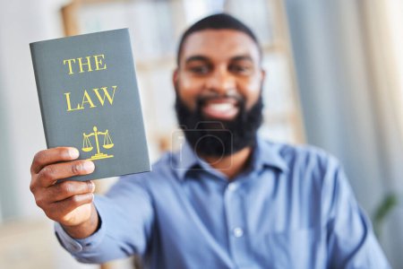 Photo for Law, book and happy portrait of a man with the rules or research on legal constitution, regulation or policy from government. African businessman, lawyer or attorney with knowledge of justice. - Royalty Free Image