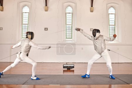 Photo for People, training and fighting in fencing competition, duel or combat with martial arts fighter and athlete with a sword and weapon. Warrior, blade and team in creative fight, exercise or fitness. - Royalty Free Image