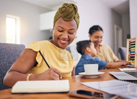 Photo for Remote work, black woman writing and child in home with happy babysitter for learning math. African freelancer, taking notes and kid with mother for education, adoption or interracial study with book. - Royalty Free Image