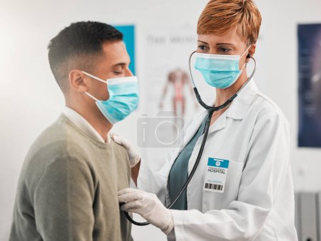 Photo for Doctor, cardiology or woman with man breathing for healthcare, nursing or wellness in clinic. Asthma, cardiology service or medical worker checking heart beat with listening equipment in hospital. - Royalty Free Image