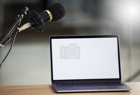 Photo for Microphone, laptop mockup and screen with audio, radio or podcast equipment with technology and show marketing. Multimedia, communication and email with website design layout, news and about us on pc. - Royalty Free Image
