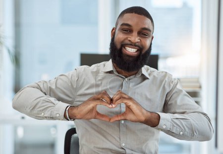 Photo for Portrait, business and black man with heart sign, support or care with icon at work, happiness or professional. Face, male person or advertising consultant with love symbol, emoji and smile with like. - Royalty Free Image