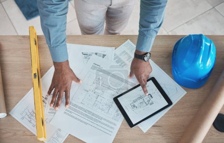 Photo for Engineering, person hands and blueprint planning, construction design or renovation on tablet above. Architecture paper, floor plan and project management sketch or drawing tools with digital screen. - Royalty Free Image