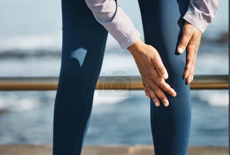 Photo for Knee pain, hands and injury, fitness outdoor and person with medical emergency and inflammation. Muscle tension, osteoporosis or fibromyalgia with health, legs and exercise with running in nature. - Royalty Free Image