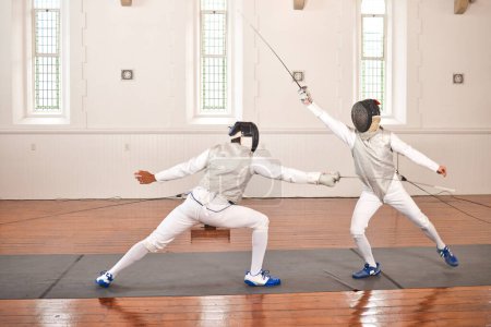 Photo for People, training and fight in fencing competition, duel or combat with martial arts fighter and athlete with a sword and weapon. Warrior, blade and team in creative fighting, exercise or fitness. - Royalty Free Image